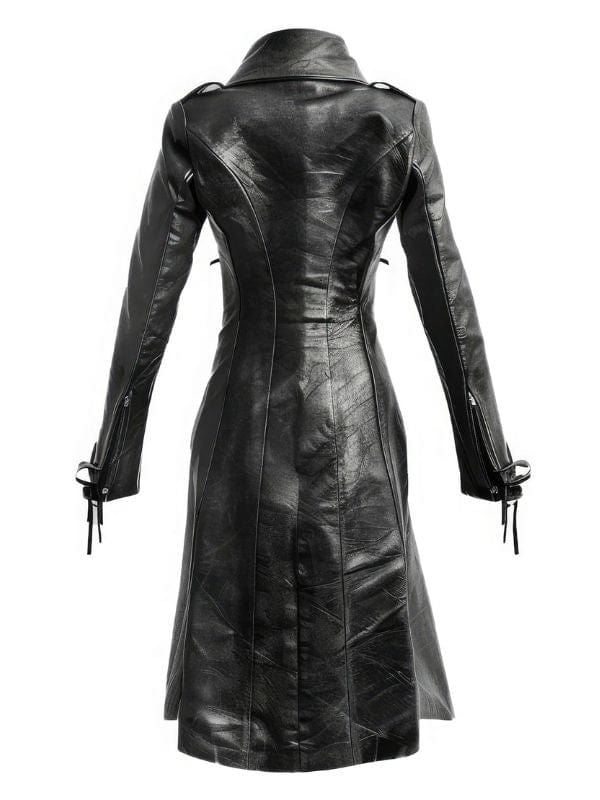 Womens Black Sheepskin Retro Leather Trench Coat