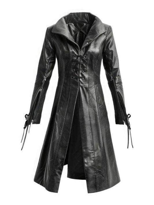 Womens Black Sheepskin Retro Leather Trench Coat