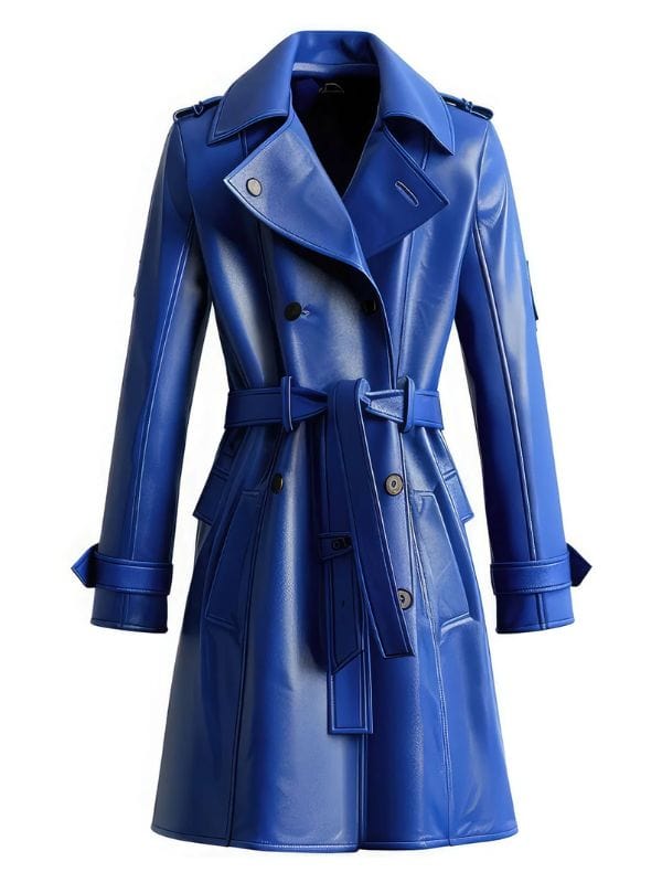 Womens Blue Sheepskin Belted Leather Trench Coat