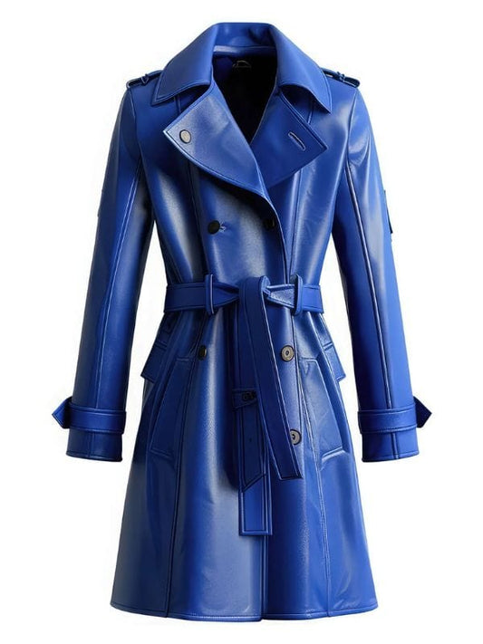 Womens Blue Sheepskin Belted Leather Trench Coat