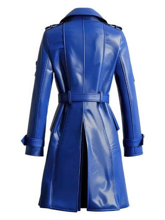 Womens Blue Sheepskin Belted Leather Trench Coat