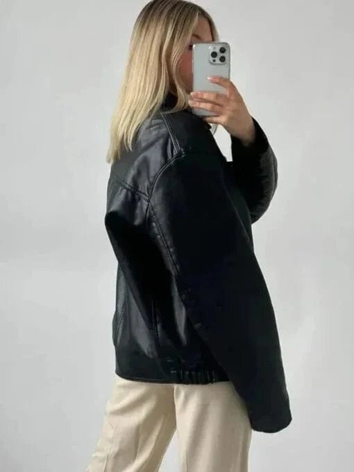 Womens Oversized 90’s Bomber Black Leather Jacket
