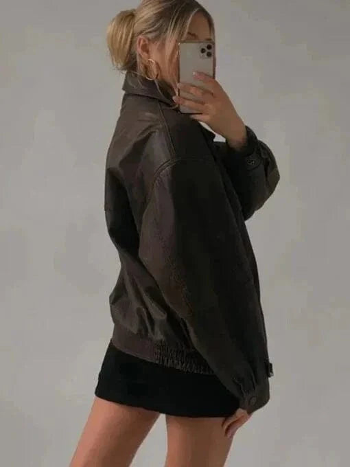 Womens Oversized Sheepskin Brown Leather Jacket