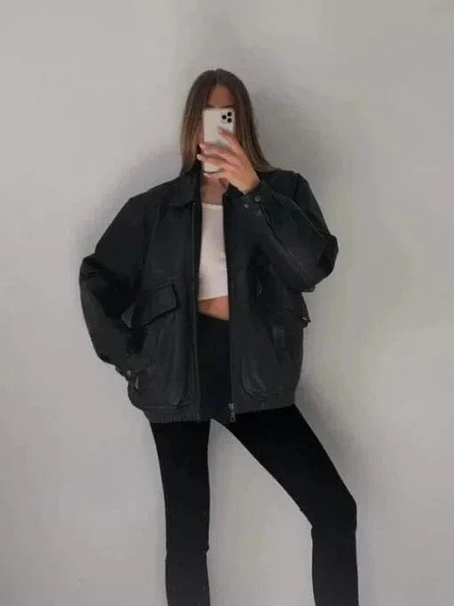 Womens Oversized Victorian Nostalgic Black Leather Jacket