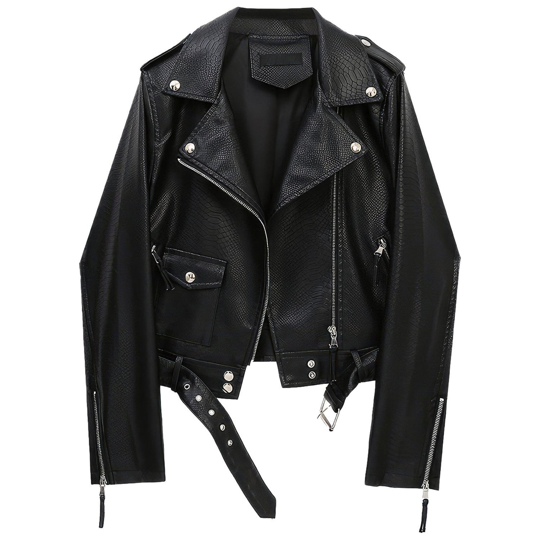 “Men’s Black Genuine Leather Biker Jacket Front View”