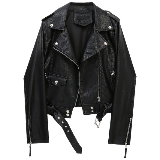 “Men’s Black Genuine Leather Biker Jacket Front View”