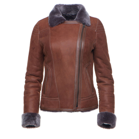 Brown shearling leather jacket with soft fur lining – Arna Luxe collection