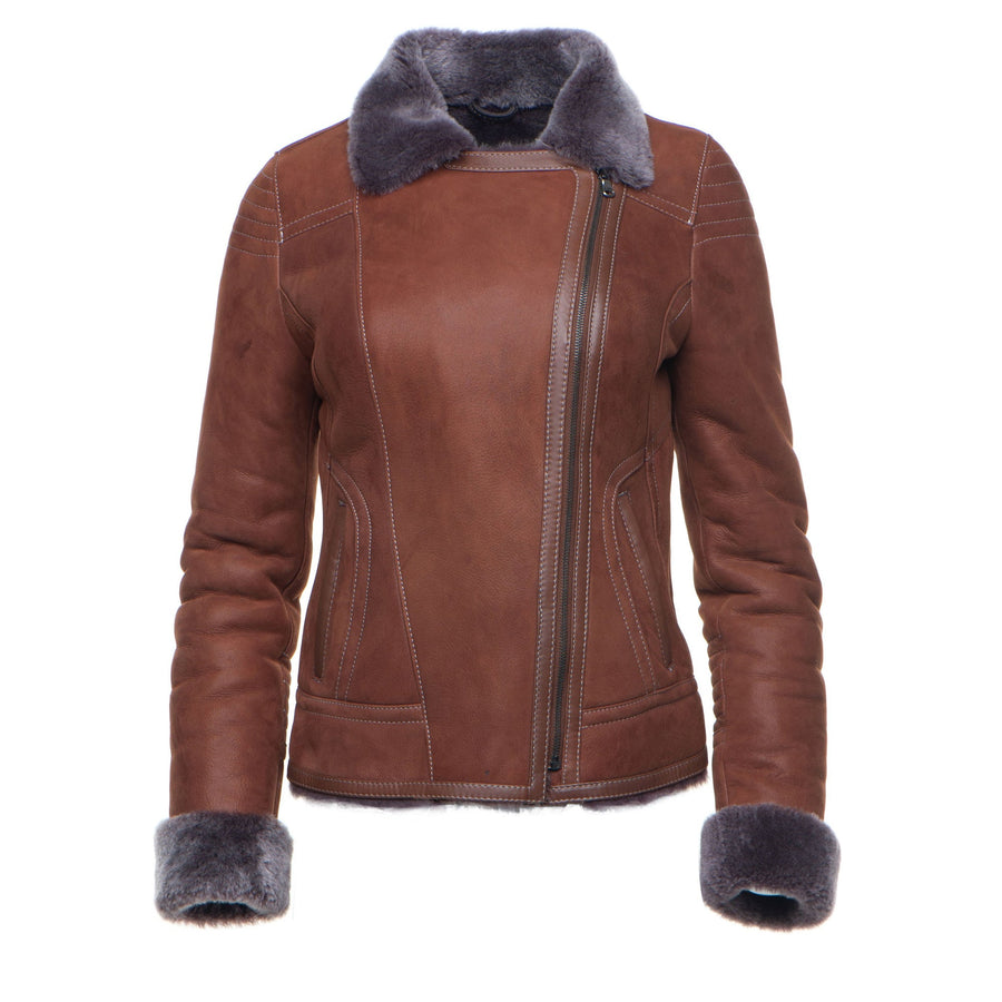 Brown shearling leather jacket with soft fur lining – Arna Luxe collection