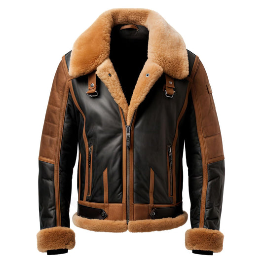 Model wearing a shearling leather jacket in brown – Arna Luxe Genuine Sheepskin Collection