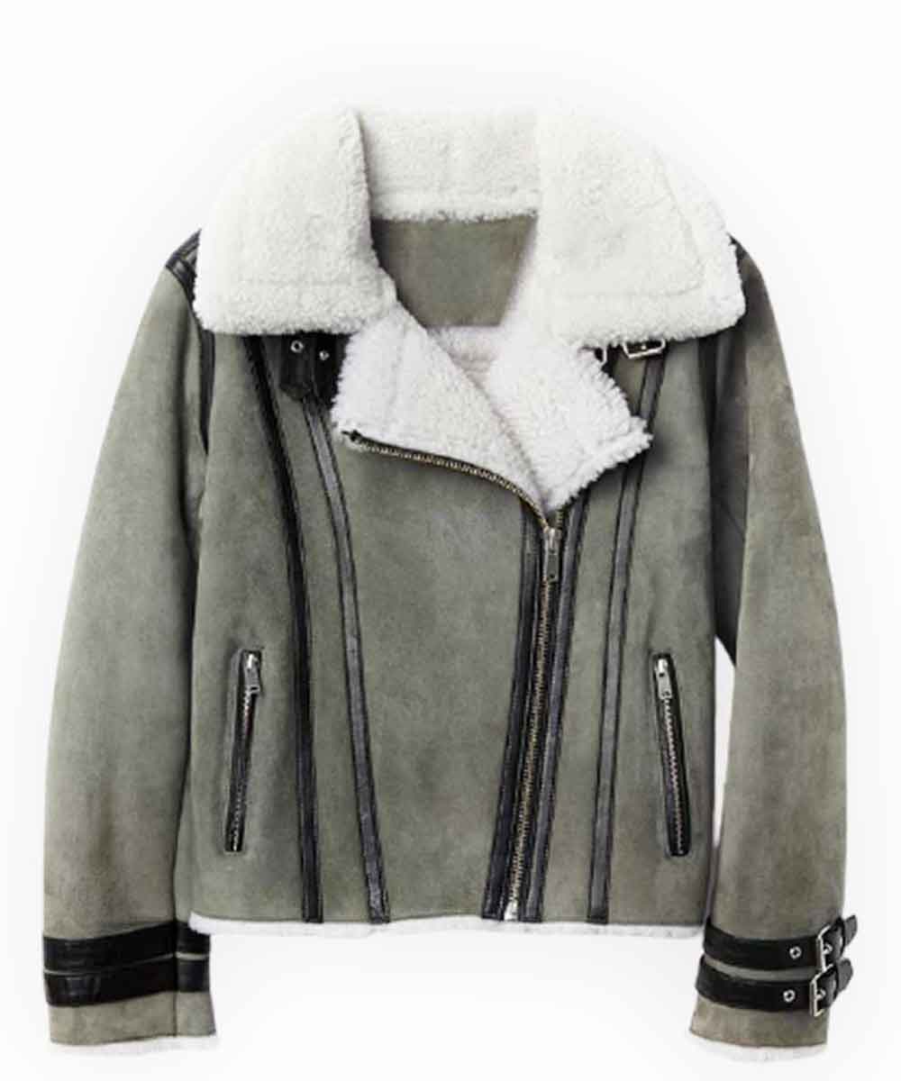 Lucas Sinclair shearling collar denim jacket inspired by cinematic style.