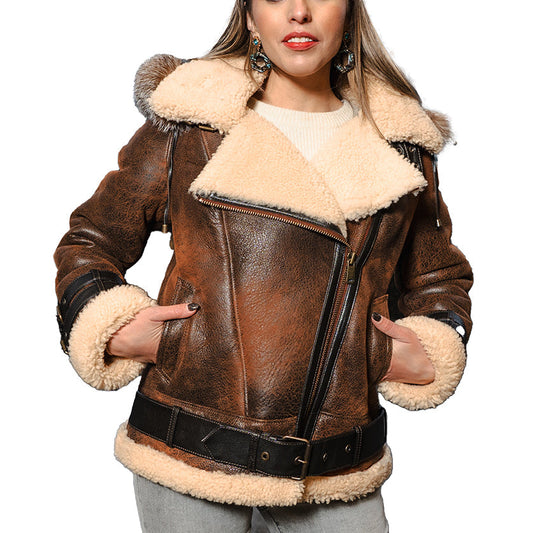 Women’s brown leather shearling jacket, premium winter style