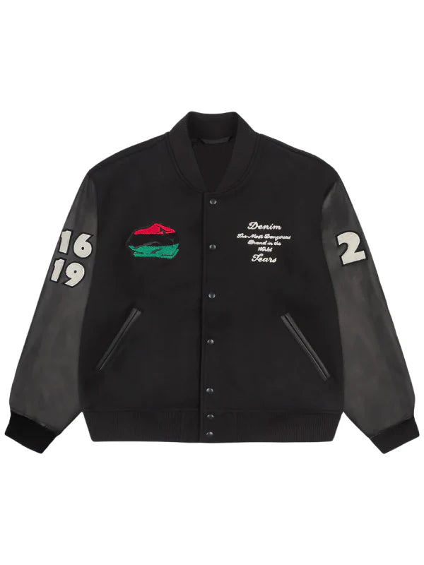 Black varsity jacket for men and women — classic letterman style with leather sleeves and wool body by ArnaLuxe.