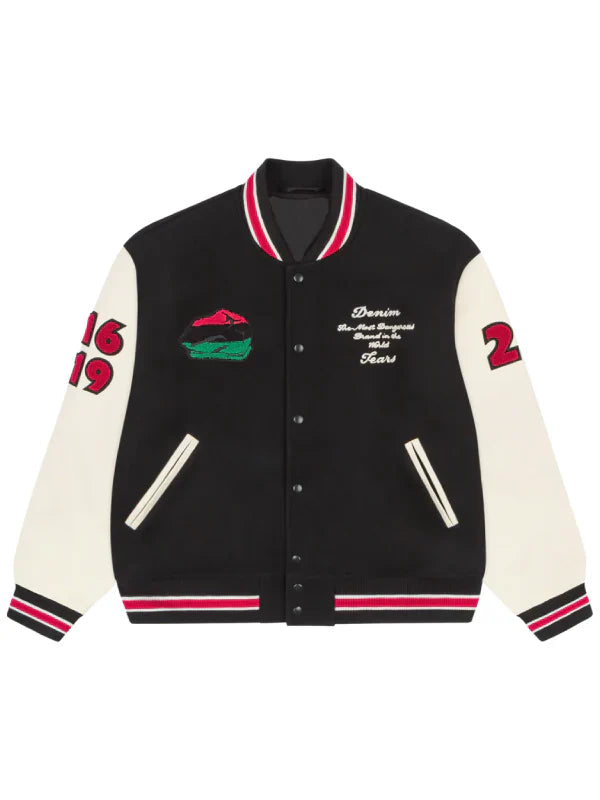 Black and white varsity jacket with contrast sleeves – classic letterman design