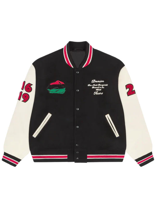 Black and white varsity jacket with contrast sleeves – classic letterman design