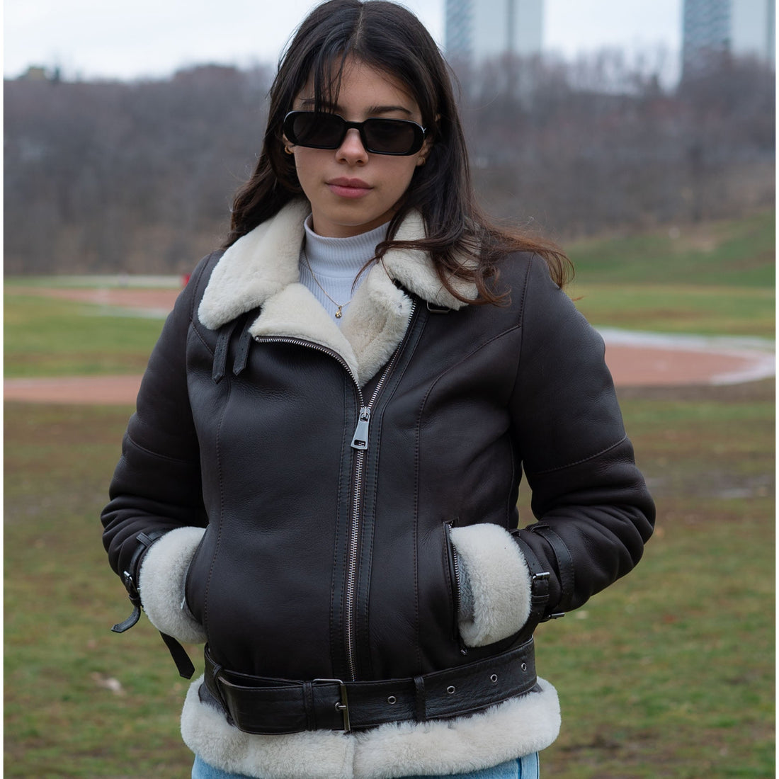 Women’s faux shearling jacket with fur collar.