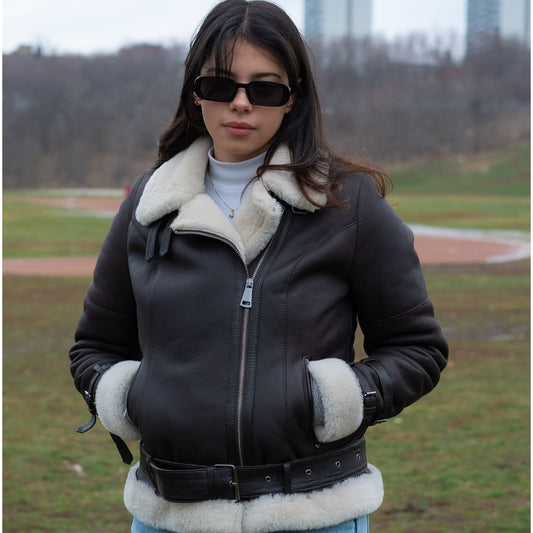 Women’s faux shearling jacket with fur collar.