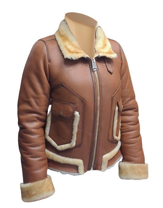 Brown shearling aviator jacket with fur collar