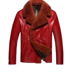 Red shearling leather biker jacket for men