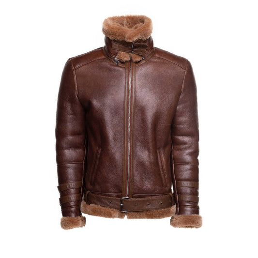 Men’s brown leather shearling bomber jacket front view