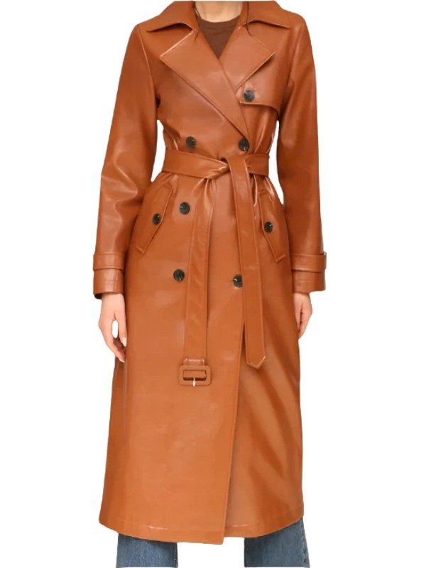 “Women’s long beige trench coat with classic belt by Arna Luxe.”