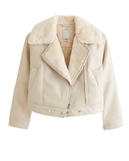 artisan hand-stitching Arna Luxe shearling leather jacket with fine detailing