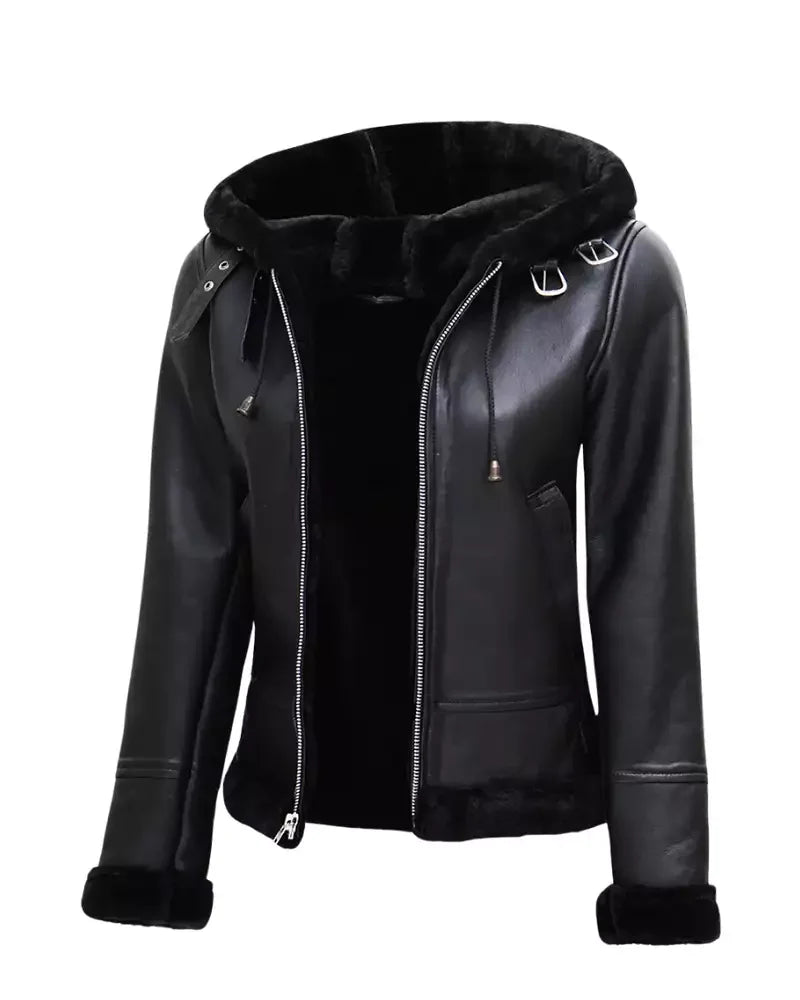 Men’s red leather shearling jacket with plush interior.