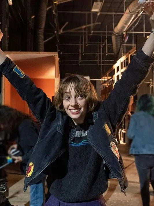 Lucas Sinclair shearling denim jacket Stranger Things fashion.