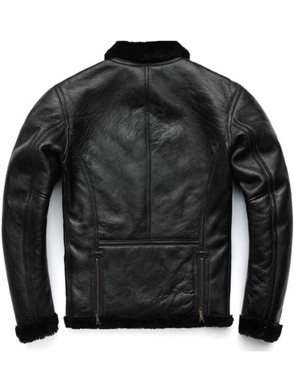 Men’s leather bomber jacket in black with ribbed cuffs, zippered pockets, and classic aviation-inspired style.