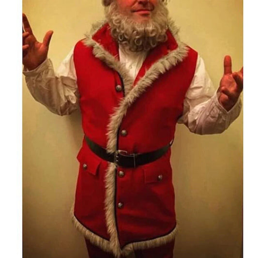 Red shearling jacket used as Santa-inspired Christmas costume”