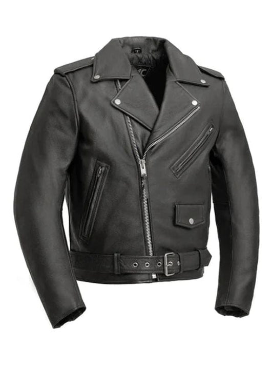 man wearing black biker leather jacket with jeans outdoors