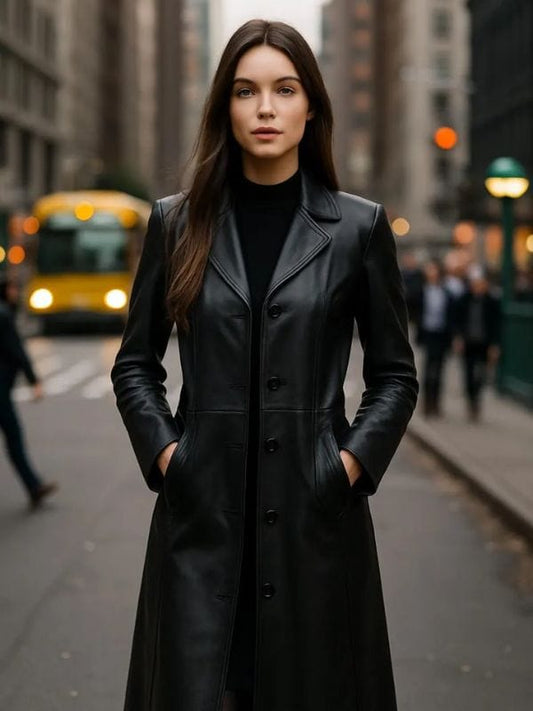 Women’s full-length black leather trench coat front view.