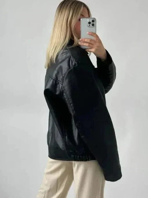 Brown oversized leather jacket for women winter fashion