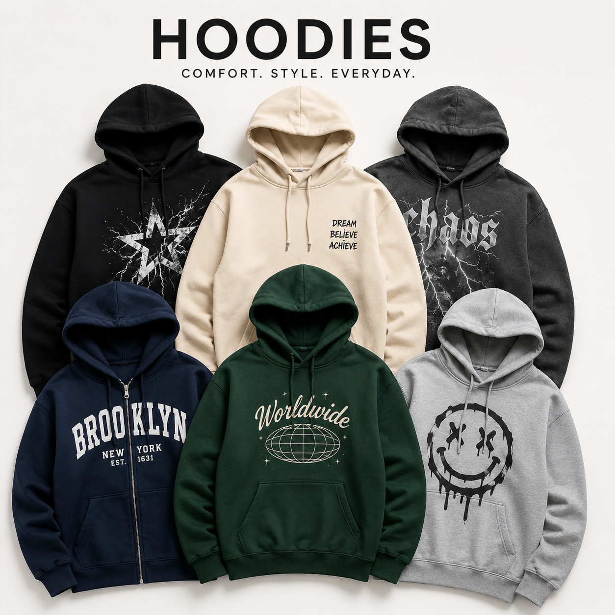 Graphic hoodies on a light background