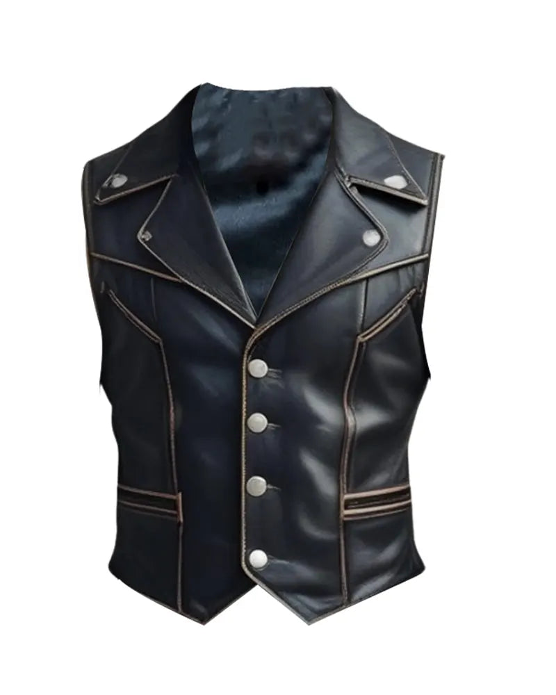 Mens Distressed Black Leather Biker Vest Front View - Vintage Motorcycle Style by Arna Luxe
