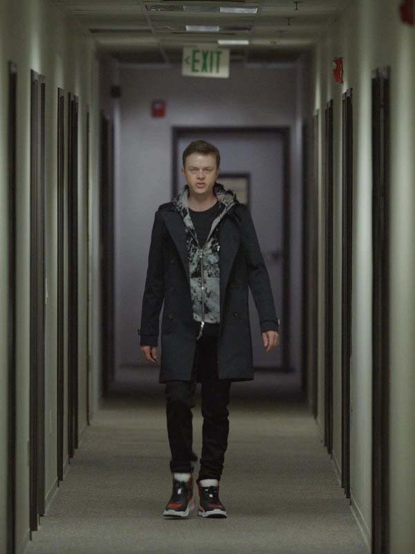 Dane DeHaan black wool coat inspired by The Stranger Series Carl E. character.