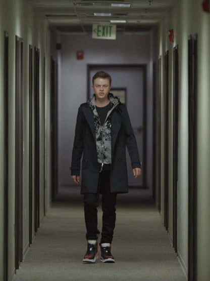 Dane DeHaan black wool coat inspired by The Stranger Series Carl E. character.