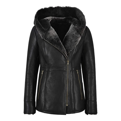 Black leather jacket with fur-lined hood on a white background