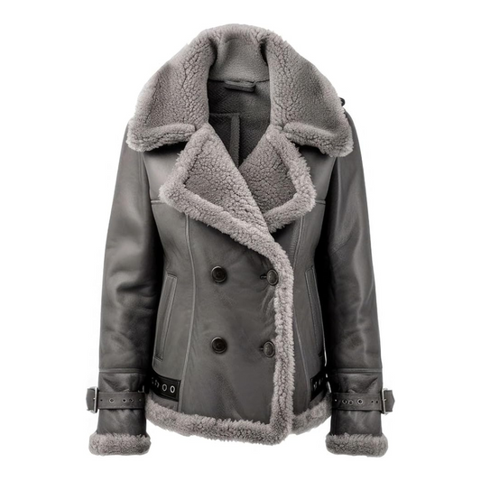 Women’s Ash Grey Sheepskin Sherpa Shearling Lined Aviator B3 Bomber Leather Jacket Winter Warmth Vintage Style