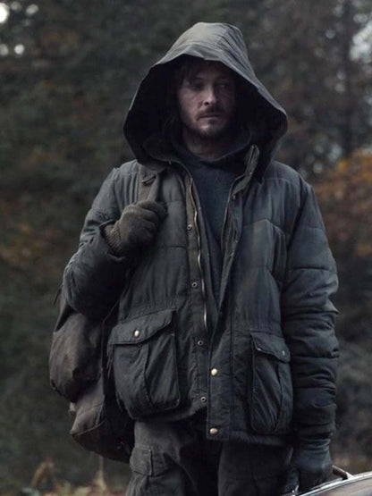 Men’s black quilted puffer jacket with cinematic Netflix style