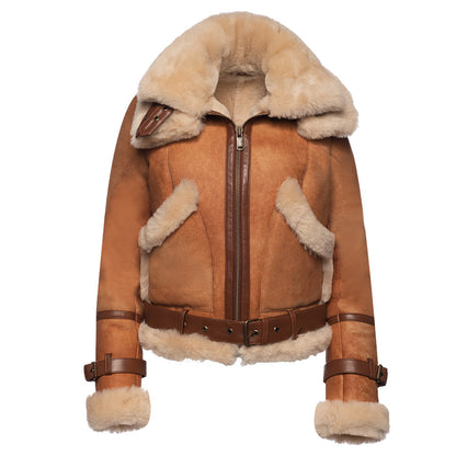 Kristy Vintage Cognac Women’s Cropped Shearling Bomber Jacket