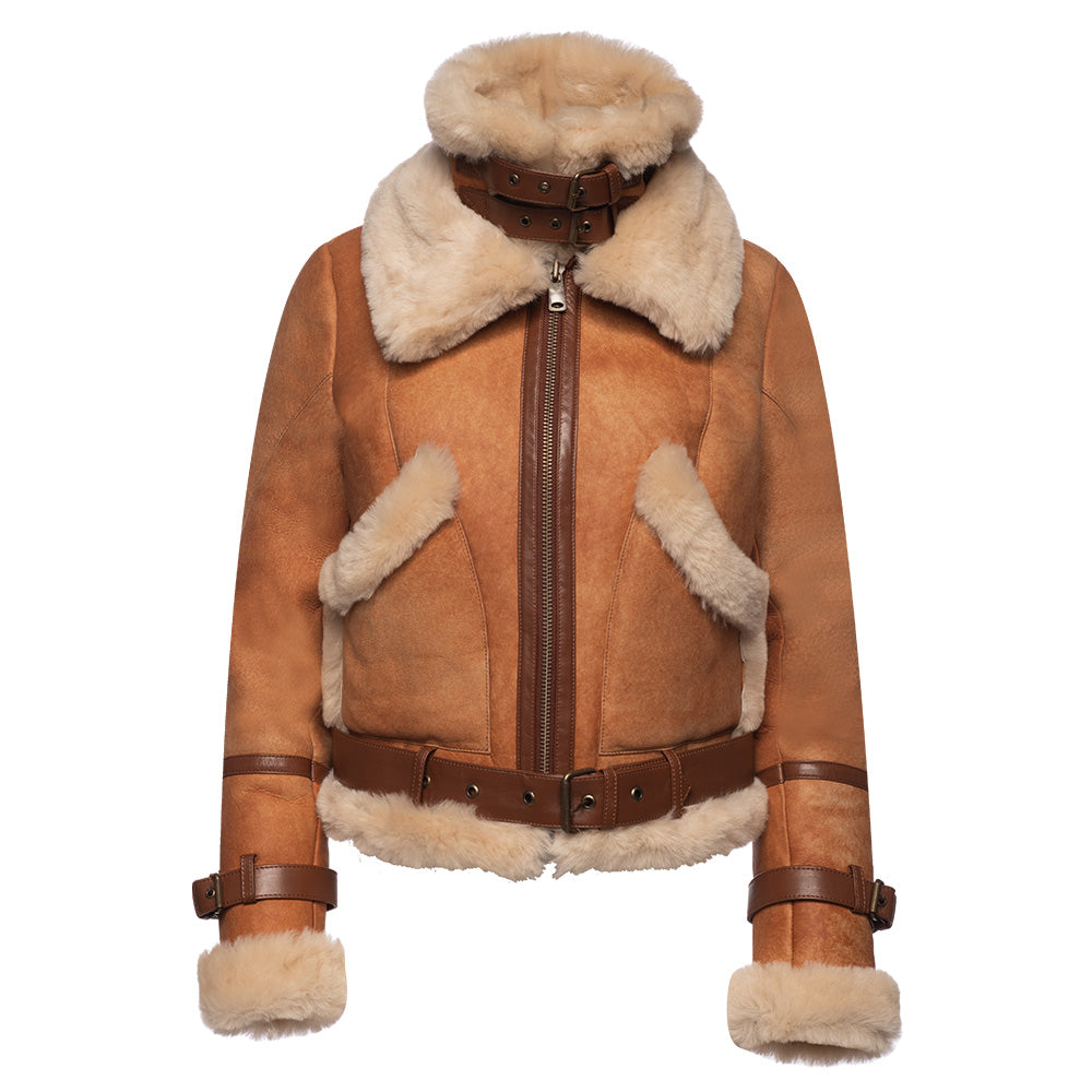 Kristy Vintage Cognac Women’s Cropped Shearling Bomber Jacket