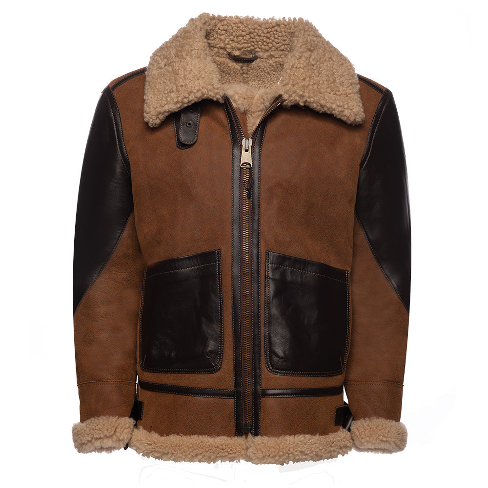 Juke’s B-3 Bomber Jacket for men – brown aviator leather jacket with shearling collar and classic flight style