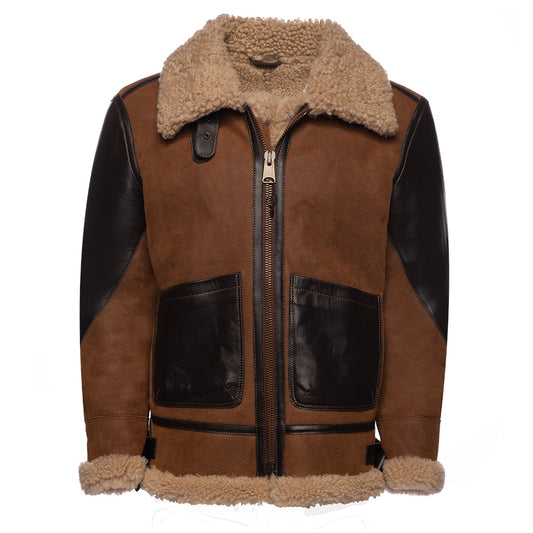 Juke’s B-3 Bomber Jacket for men – brown aviator leather jacket with shearling collar and classic flight style