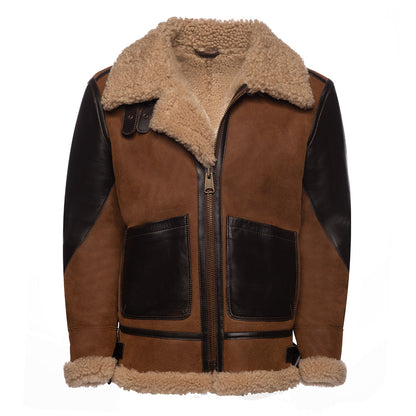 Juke’s B-3 Bomber Jacket for men – brown aviator leather jacket with shearling collar and classic flight style