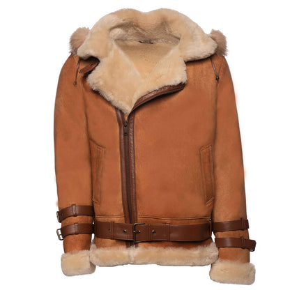 Rocco Vintage Cognac Shearling Aviator Jacket with Fox Fur Hood