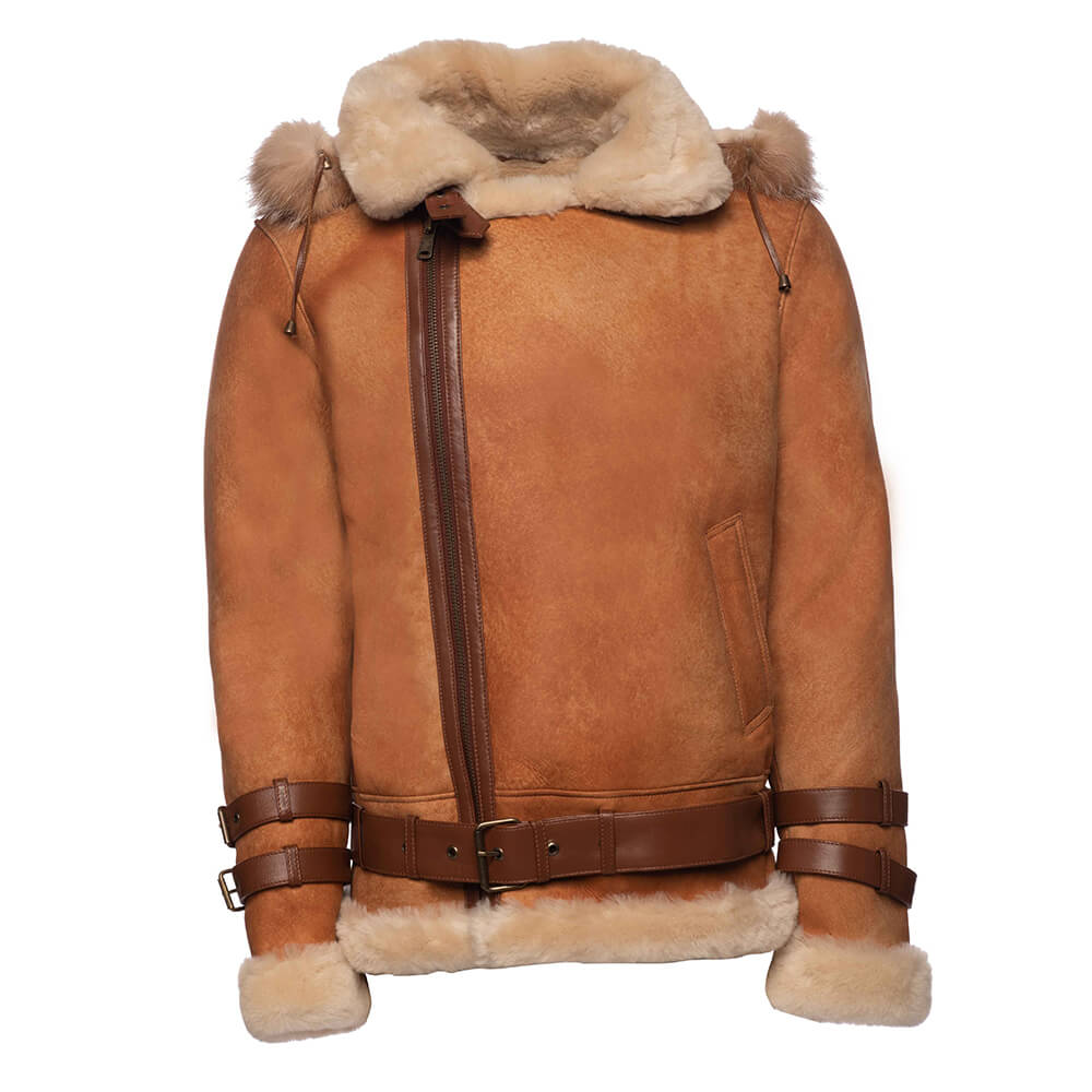 Rocco Vintage Cognac Shearling Aviator Jacket with Fox Fur Hood