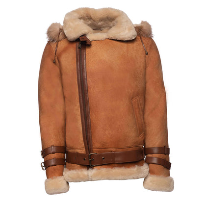 Rocco Vintage Cognac Shearling Aviator Jacket with Fox Fur Hood
