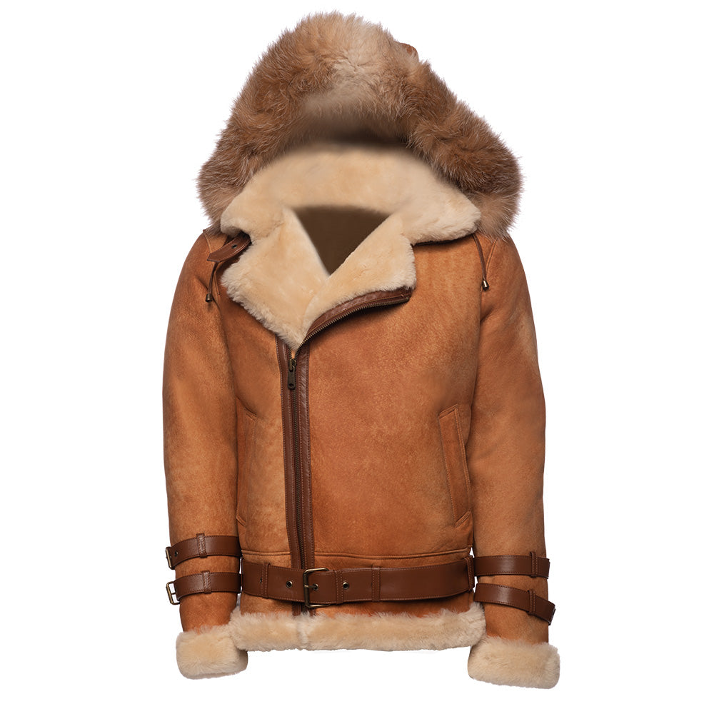 Rocco Vintage Cognac Shearling Aviator Jacket with Fox Fur Hood