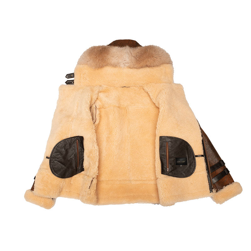 Rocco Vintage Aviator Jacket in distressed brown leather with shearling lining and fox fur hood for men