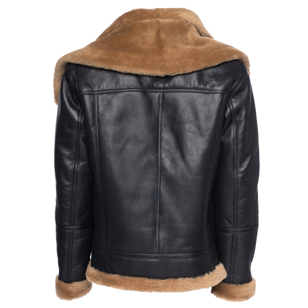 Graysen Black Aviator Shearling Bomber Jacket with Removable Collar